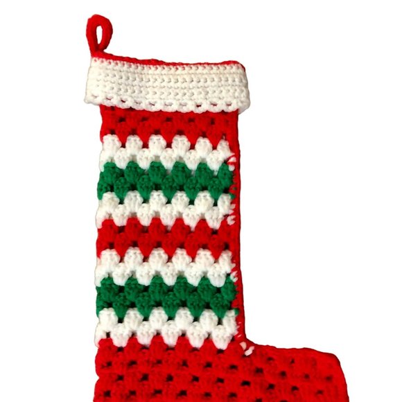 Vintage Handmade Christmas Stocking Used Crochet Red Green 70s - Picture 3 of 6